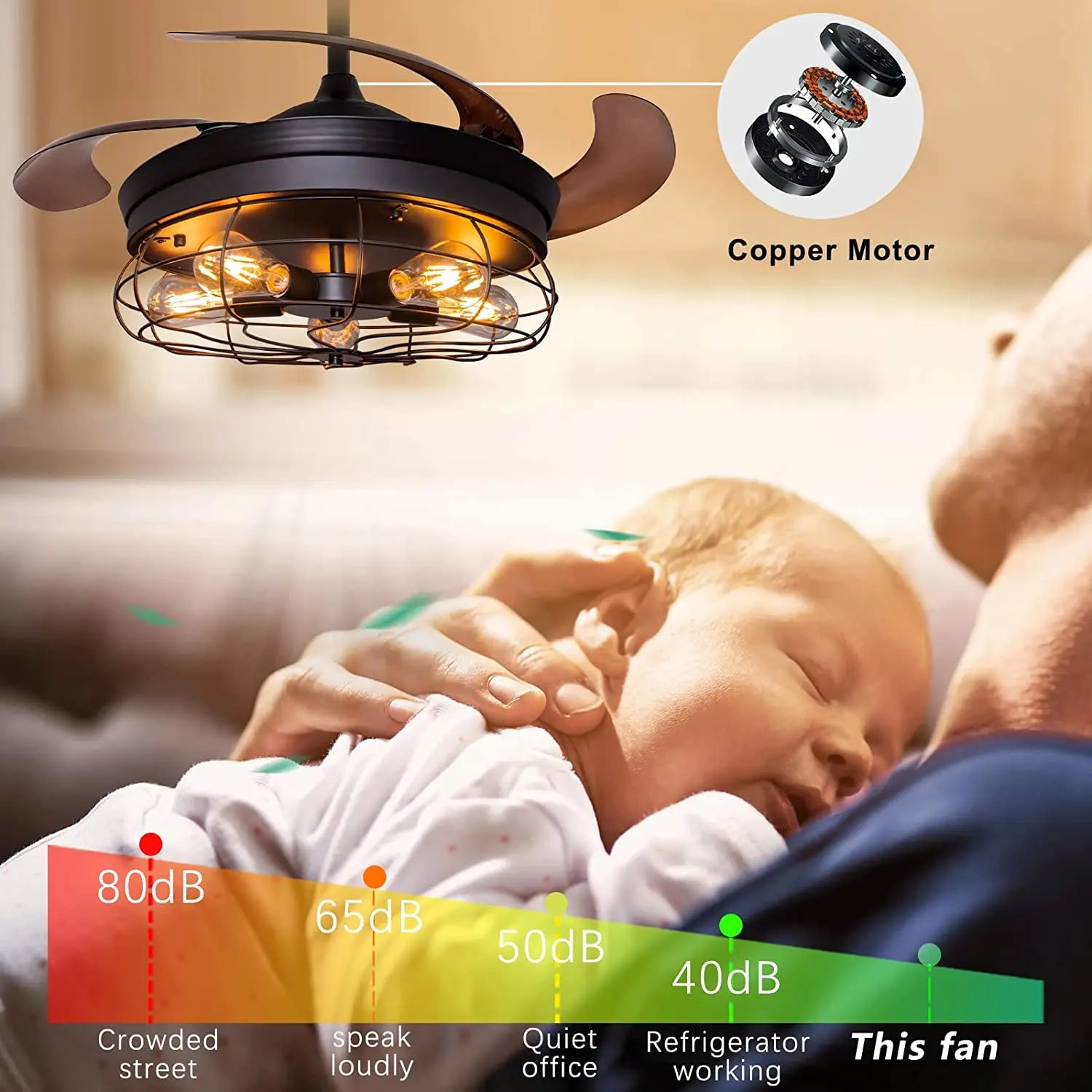 42''Retractable Blades Ceiling Fan with Lights and Remote Black Rustic Industrial Ceiling Fan Lamp for Patio Kitchen Living Room