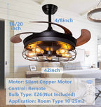 42''Retractable Blades Ceiling Fan with Lights and Remote Black Rustic Industrial Ceiling Fan Lamp for Patio Kitchen Living Room