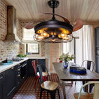 42''Retractable Blades Ceiling Fan with Lights and Remote Black Rustic Industrial Ceiling Fan Lamp for Patio Kitchen Living Room