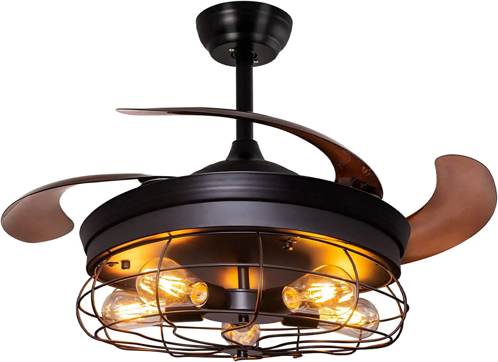 42''Retractable Blades Ceiling Fan with Lights and Remote Black Rustic Industrial Ceiling Fan Lamp for Patio Kitchen Living Room