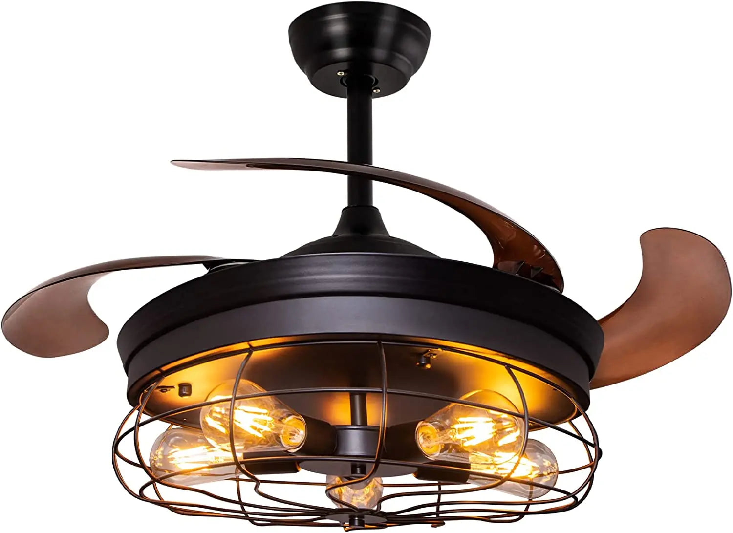 42''Retractable Blades Ceiling Fan with Lights and Remote Black Rustic Industrial Ceiling Fan Lamp for Patio Kitchen Living Room