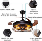 42''Retractable Blades Ceiling Fan with Lights and Remote Black Rustic Industrial Ceiling Fan Lamp for Patio Kitchen Living Room