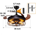42''Retractable Blades Ceiling Fan with Lights and Remote Black Rustic Industrial Ceiling Fan Lamp for Patio Kitchen Living Room