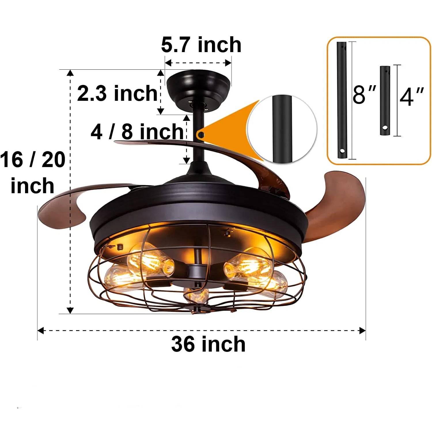 42''Retractable Blades Ceiling Fan with Lights and Remote Black Rustic Industrial Ceiling Fan Lamp for Patio Kitchen Living Room