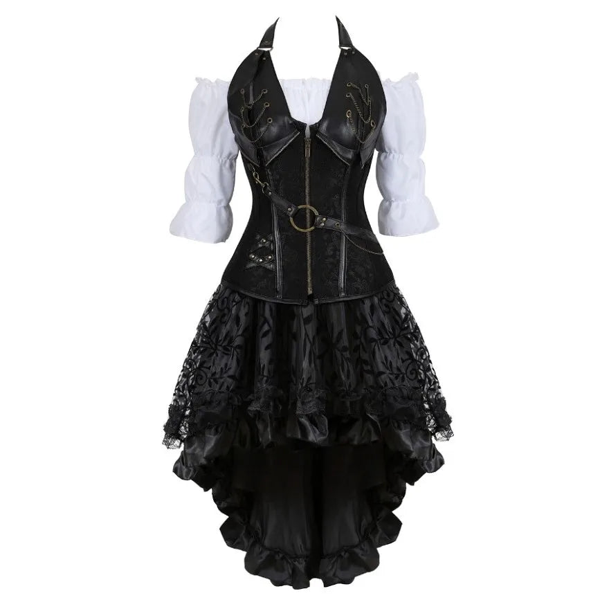 Steampunk Corset Dress Gothic PU Leather Corset Crop Top Renaissance Blouse With Burlesque Skirt Three-Pieces Set Pirate Costume