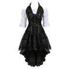 Steampunk Corset Dress Gothic PU Leather Corset Crop Top Renaissance Blouse With Burlesque Skirt Three-Pieces Set Pirate Costume