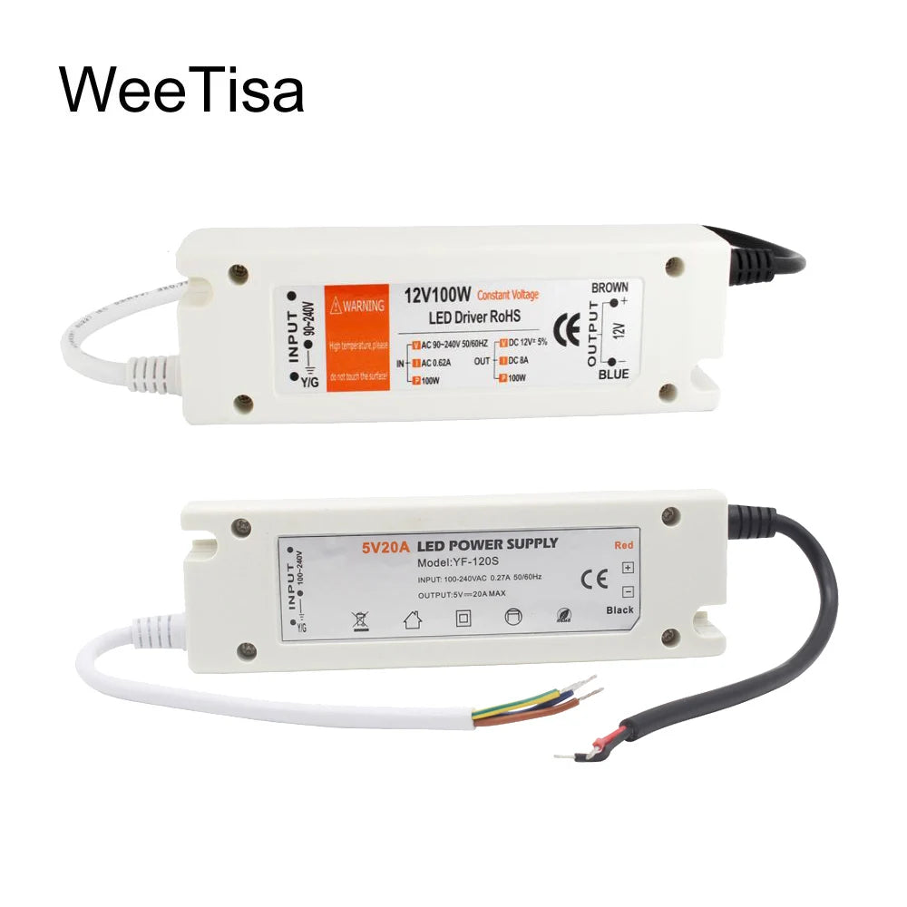 5V Power Supply 12V LED Driver 5 Volt Power Adapter 12 Volt 60W 72W 100W AC 110V 220V to DC 5V 12V 8A 20A LED Strip Transformer