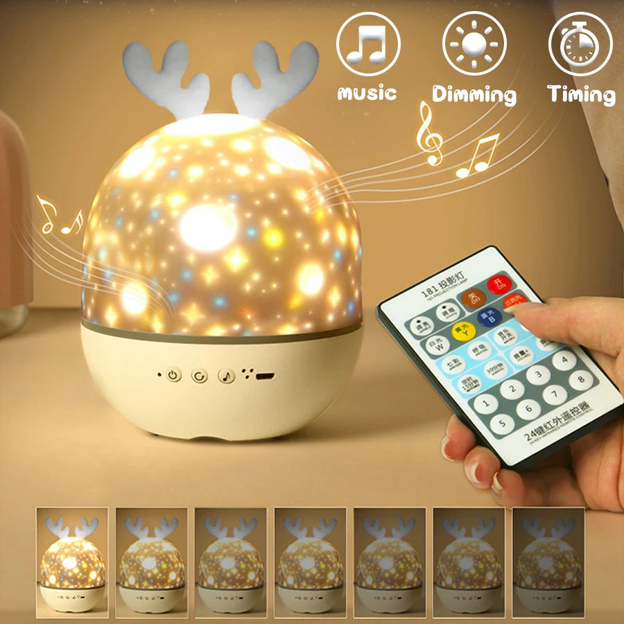 Deer Music Projector Lamp Night Light With BT Speaker Starry Sky Star Rotate Bedroom Bedside Lamp Decor Christmas Kids Baby Gift