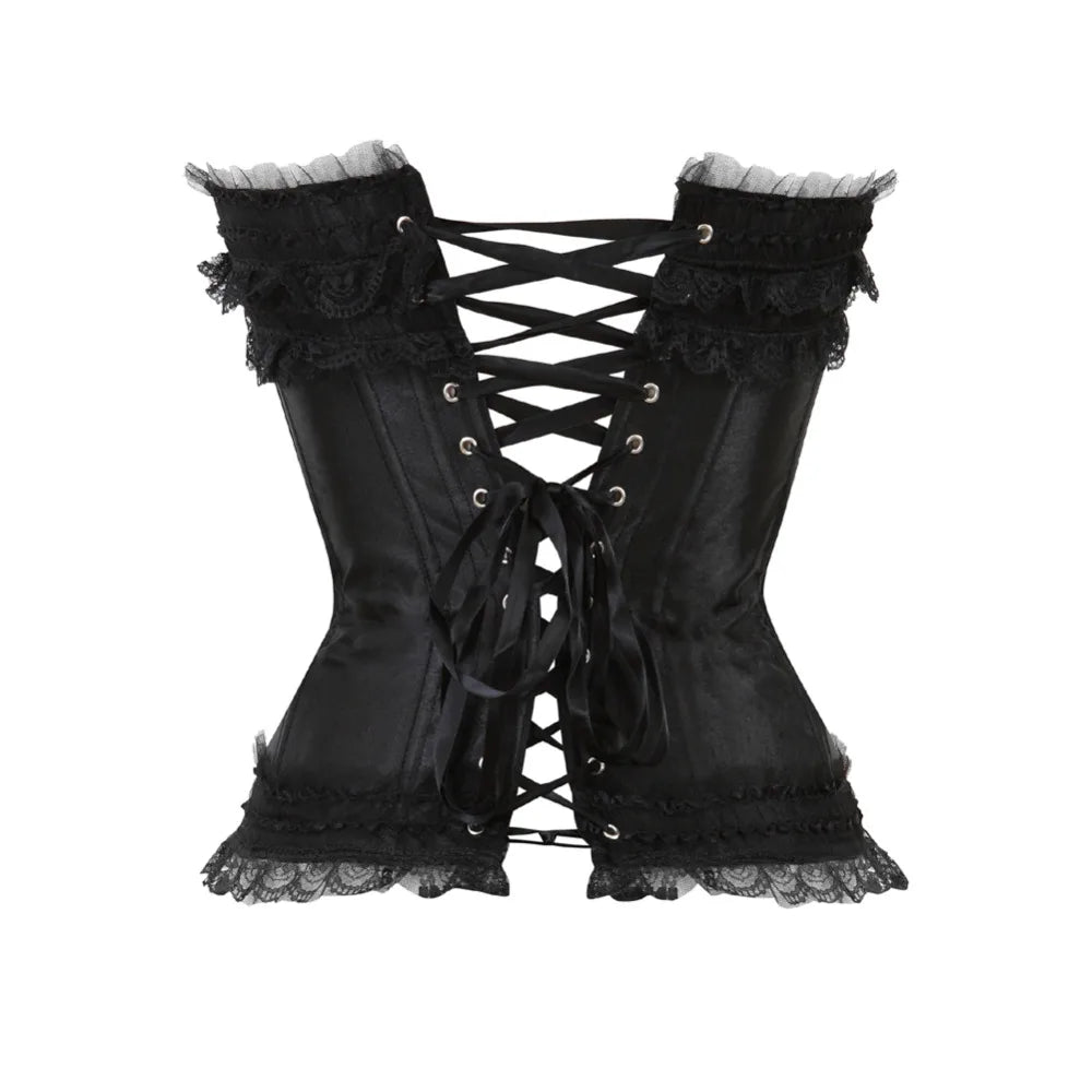Sexy Satin Overbust Corset Top Lace Bowknot Decorated Clubwear Showgirl Body Shaper Plus Size