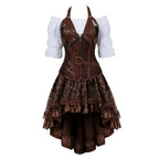Steampunk Corset Dress Gothic PU Leather Corset Crop Top Renaissance Blouse With Burlesque Skirt Three-Pieces Set Pirate Costume