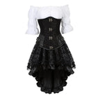 Steampunk Corset Dress Gothic PU Leather Corset Crop Top Renaissance Blouse With Burlesque Skirt Three-Pieces Set Pirate Costume
