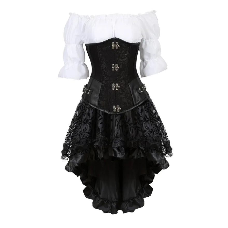 Steampunk Corset Dress Gothic PU Leather Corset Crop Top Renaissance Blouse With Burlesque Skirt Three-Pieces Set Pirate Costume