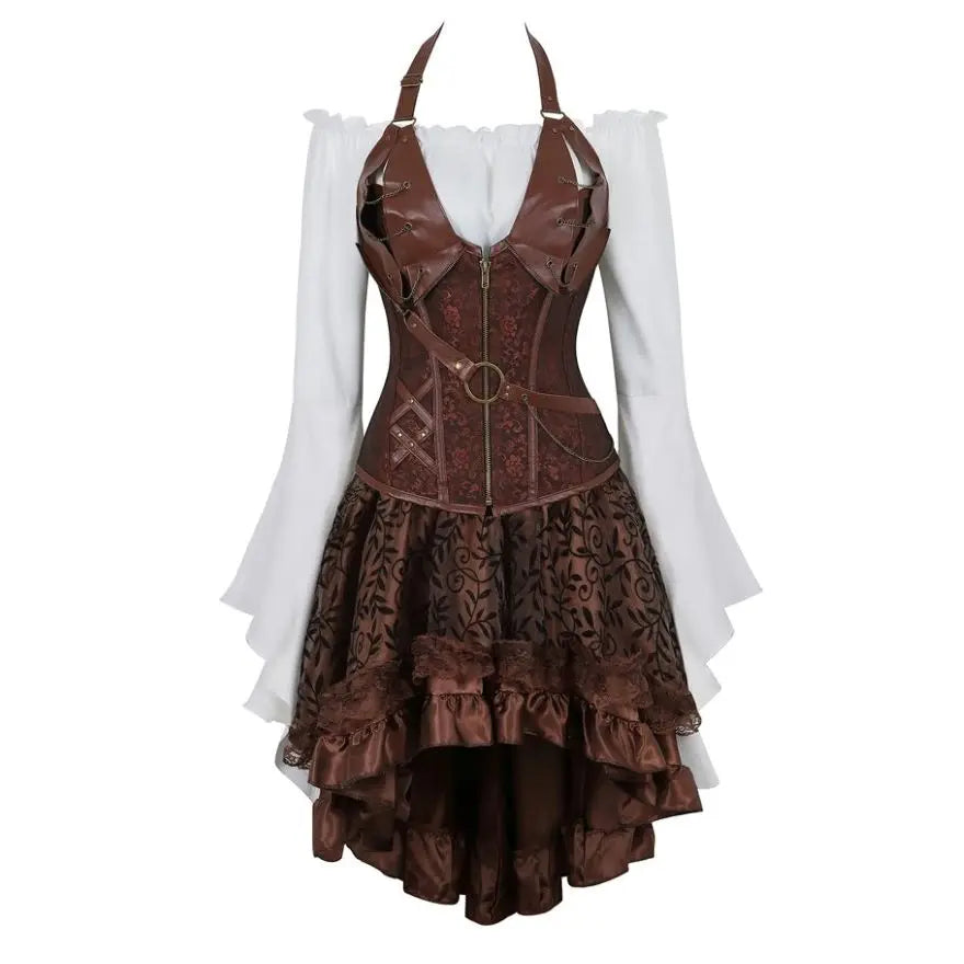 Steampunk Corset Dress Gothic PU Leather Corset Crop Top Renaissance Blouse With Burlesque Skirt Three-Pieces Set Pirate Costume