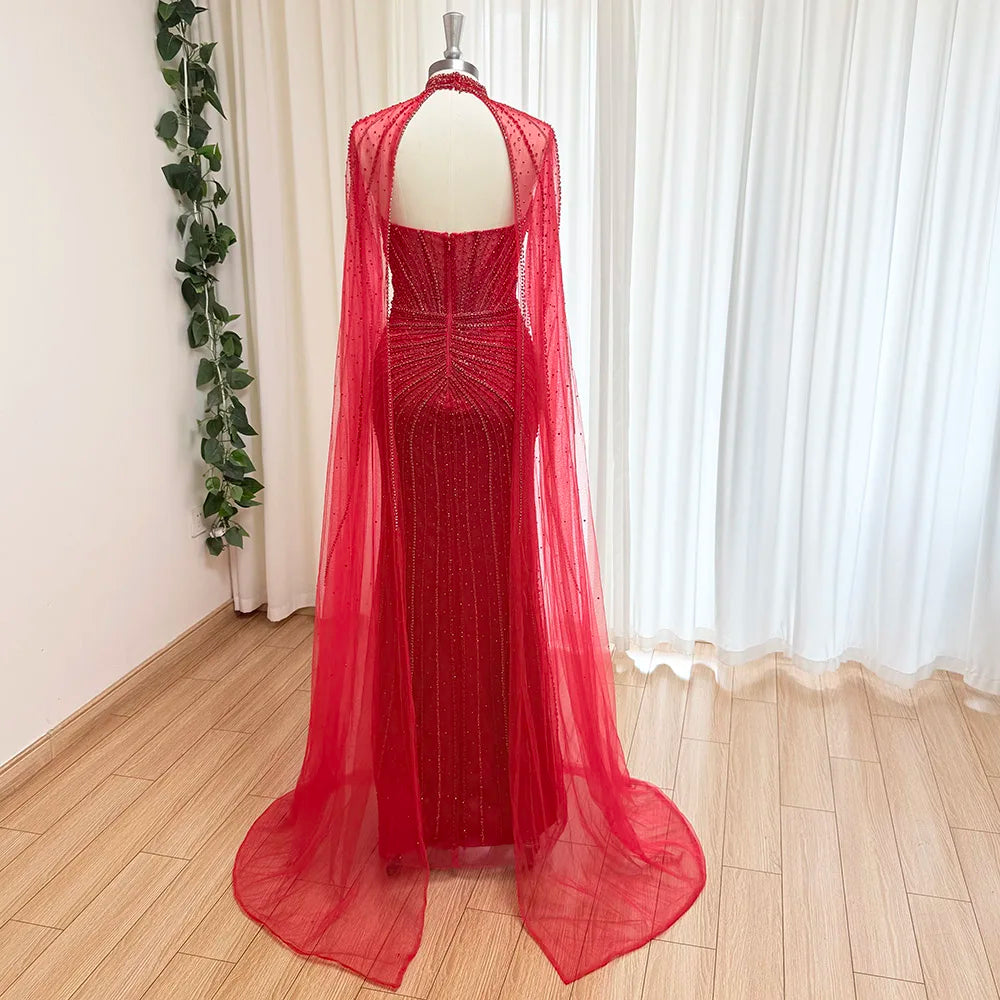 Elegant Mermaid Evening Dress for Women with Cape Sleeves 2026 Dubai Arabia Beads Long Formal Prom Wedding Party Gown Customized