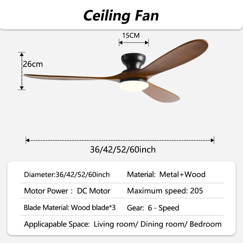 42/52/60inch Low Floor Ceiling Fan 3 wooden blade DC Motor Electric fan with Remote control for Living room dining room bedroom