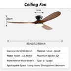 42/52/60inch Low Floor Ceiling Fan 3 wooden blade DC Motor Electric fan with Remote control for Living room dining room bedroom