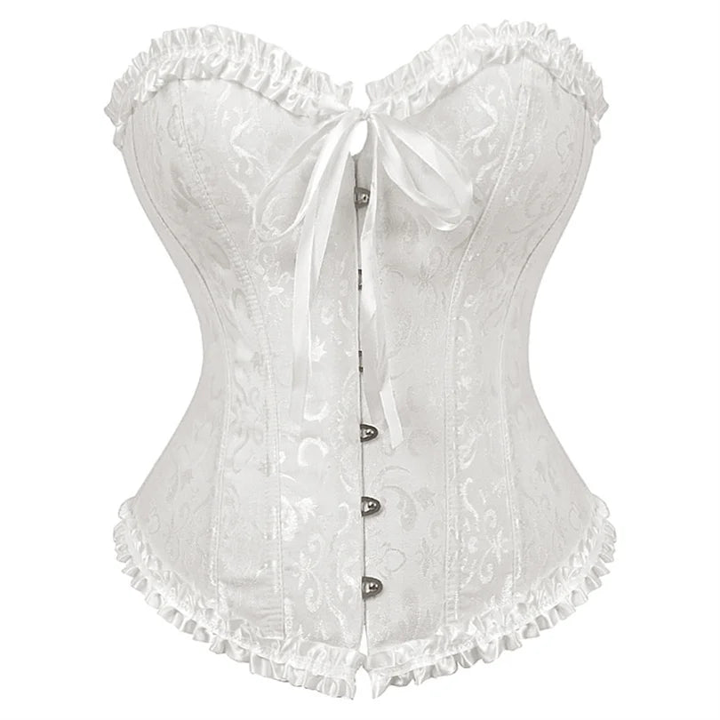 Sexy Satin Overbust Corset Top Lace Bowknot Decorated Clubwear Showgirl Body Shaper Plus Size
