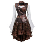 Steampunk Corset Dress Gothic PU Leather Corset Crop Top Renaissance Blouse With Burlesque Skirt Three-Pieces Set Pirate Costume