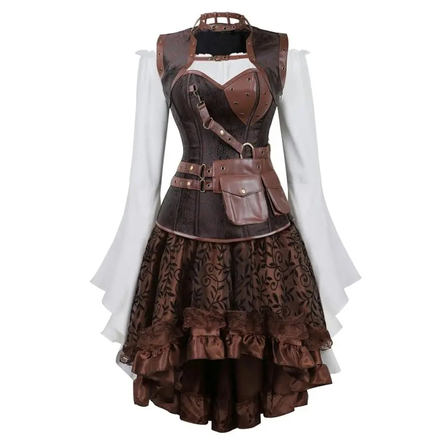 Steampunk Corset Dress Gothic PU Leather Corset Crop Top Renaissance Blouse With Burlesque Skirt Three-Pieces Set Pirate Costume