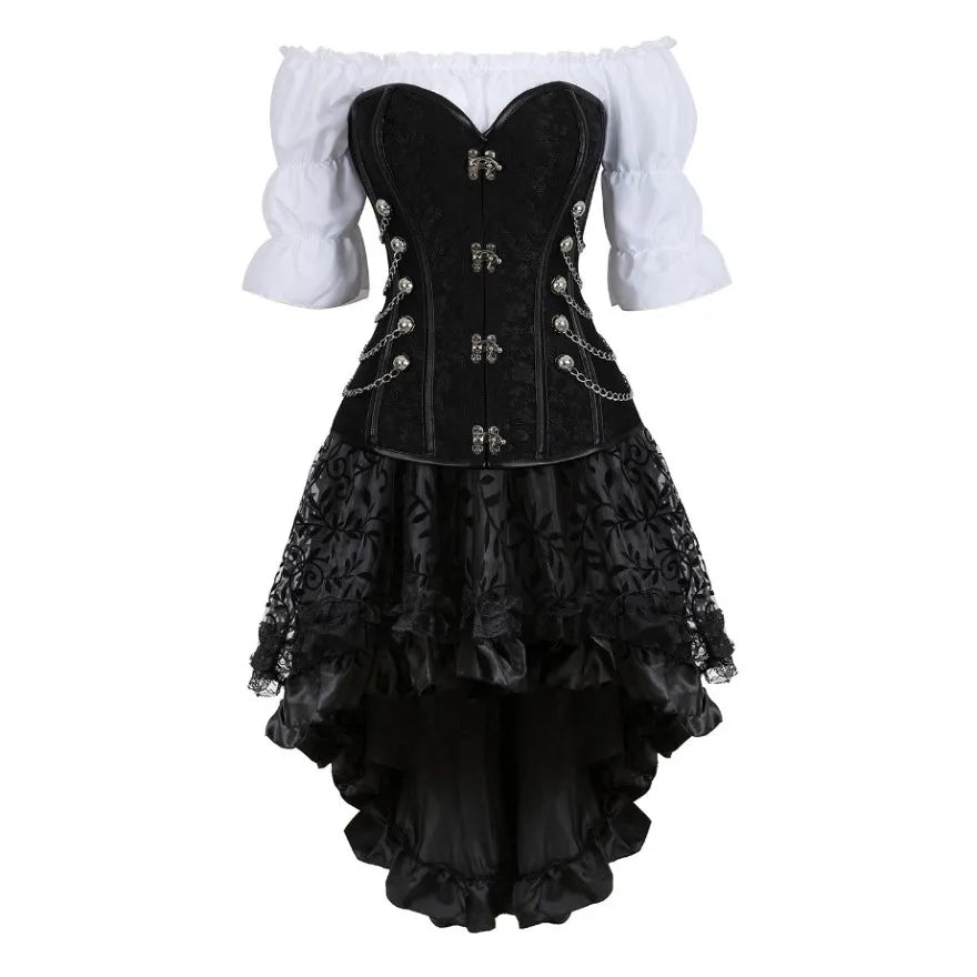 Steampunk Corset Dress Gothic PU Leather Corset Crop Top Renaissance Blouse With Burlesque Skirt Three-Pieces Set Pirate Costume