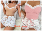 Women 2psc Pajama Set Pink Lace Patchwork V-Neck Sleepwear Sexy Nighties Suit Cami Top Printed Shorts Soft Pyjamas Loungewear