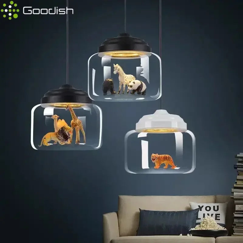 Modern Stylish Glass jar-shaped animal figurine LED Pendant Light Art Creative Lamps for Living Room Home Decoration Chandeliers