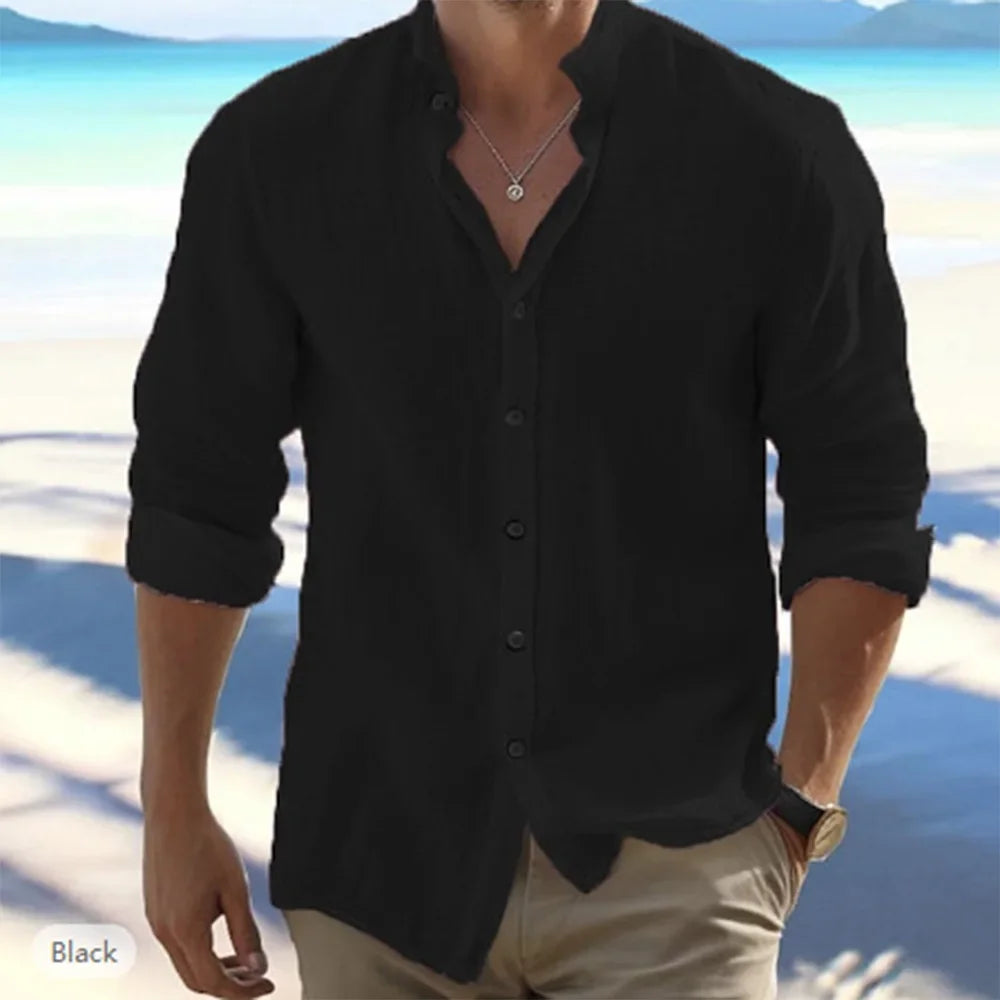 Men's Long-Sleeved Cotton Linen Summer Hot Sale Beach Style Shirts Solid Color Casual Versatile Stand-Up Collar Shirt Male Top
