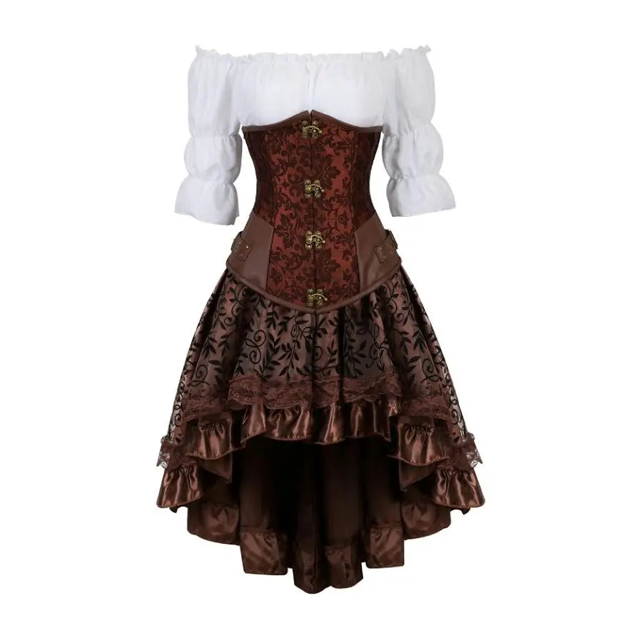 Steampunk Corset Dress Gothic PU Leather Corset Crop Top Renaissance Blouse With Burlesque Skirt Three-Pieces Set Pirate Costume