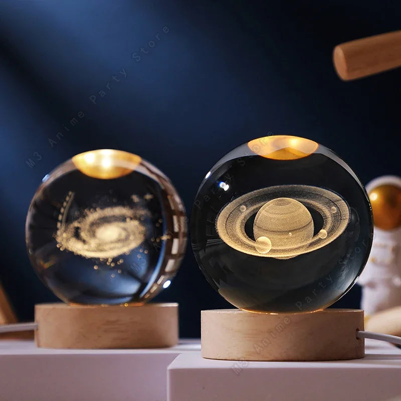 Unique 3D Crystal Ball Night Light Led Lamp Bedside Table Glowing Galaxy Lamp Saturn Planets Moon Children Birthday Gift Toy 5cm