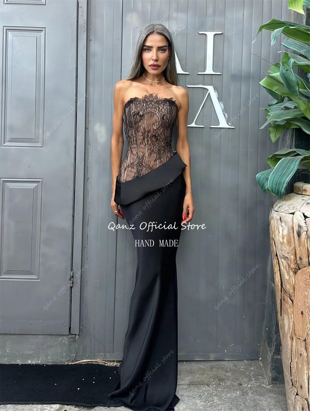 Qanz Modest Mermaid Evening Dress Strapless Lace Robe De Soirée Femme Sleeveless Long Women Vestidos De Gala 2026 Customized