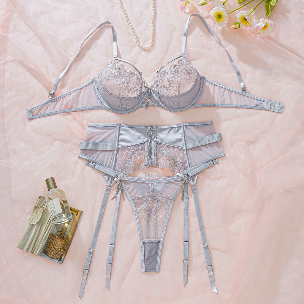 2025 See-Through Embroidered Mesh Patchwork Sexy Women's Lingerie Three-Piece Set Zip Waist Shaping Erotic Lingerie for Female