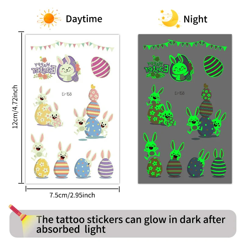 Easter Luminous Temporary Tattoos | Glow in The Dark Rabbit Bunny Eggs Chicks Flowers Waterproof Stickers for Party Gifts