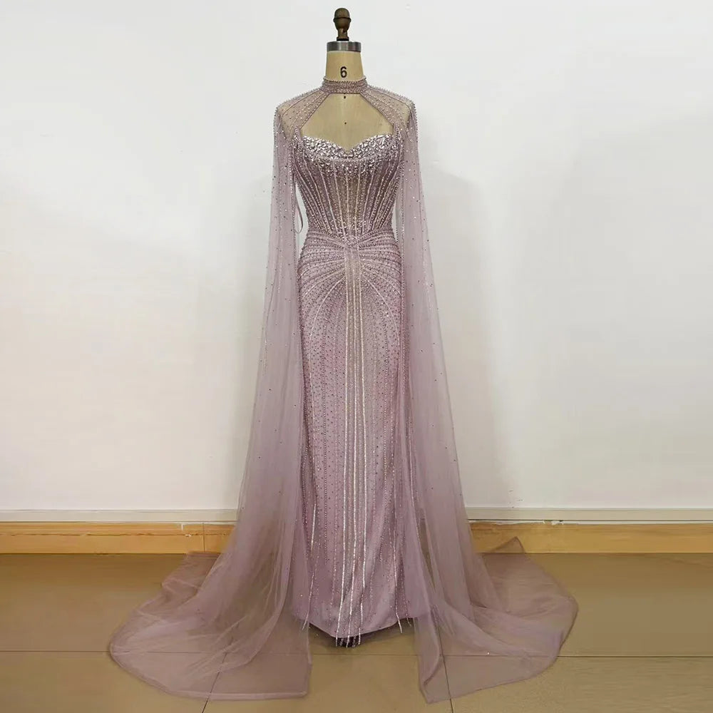 Elegant Mermaid Evening Dress for Women with Cape Sleeves 2026 Dubai Arabia Beads Long Formal Prom Wedding Party Gown Customized