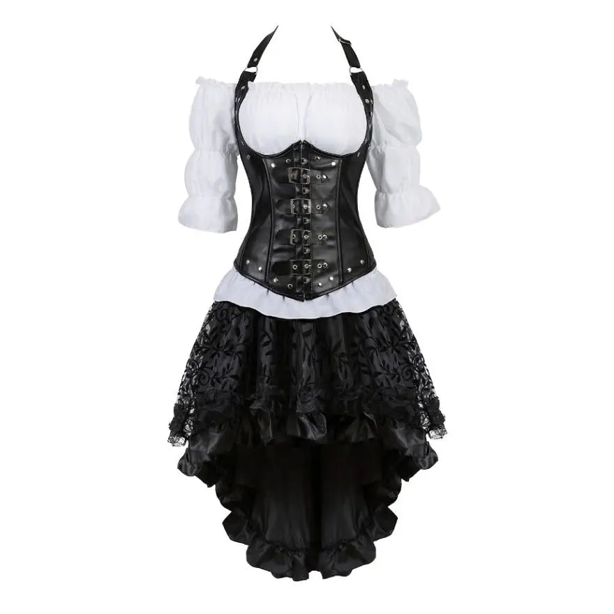 Steampunk Corset Dress Gothic PU Leather Corset Crop Top Renaissance Blouse With Burlesque Skirt Three-Pieces Set Pirate Costume