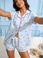 Women Pajamas Cardigan Lapel Short Sleeve Shorts Two Piece Set Loungewear Spring Summer Sweet Blue Plaid Cherry Print Loose Comf