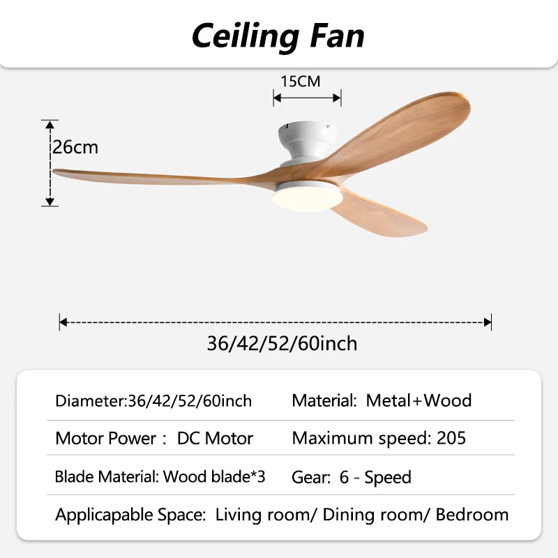 42/52/60inch Low Floor Ceiling Fan 3 wooden blade DC Motor Electric fan with Remote control for Living room dining room bedroom