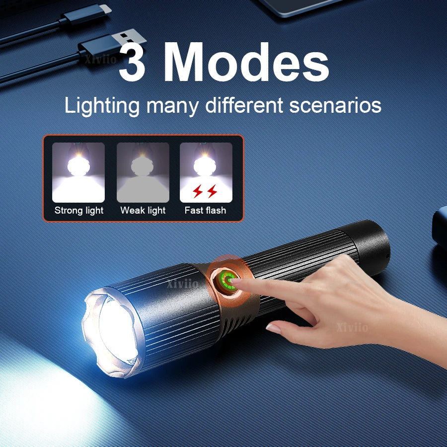 2026 Strong Light Portable Flashlight 18650 Rechargeable LED Torch Zoom Aluminum Alloy Flashlights 200000LM Super Bright Lantern
