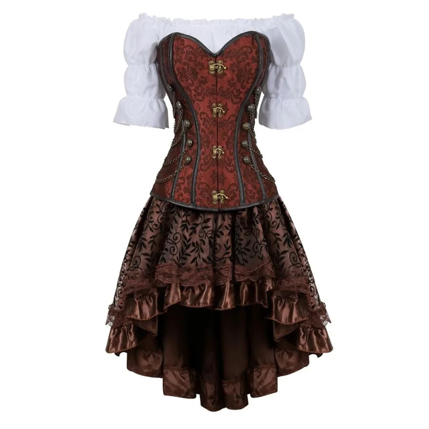 Steampunk Corset Dress Gothic PU Leather Corset Crop Top Renaissance Blouse With Burlesque Skirt Three-Pieces Set Pirate Costume