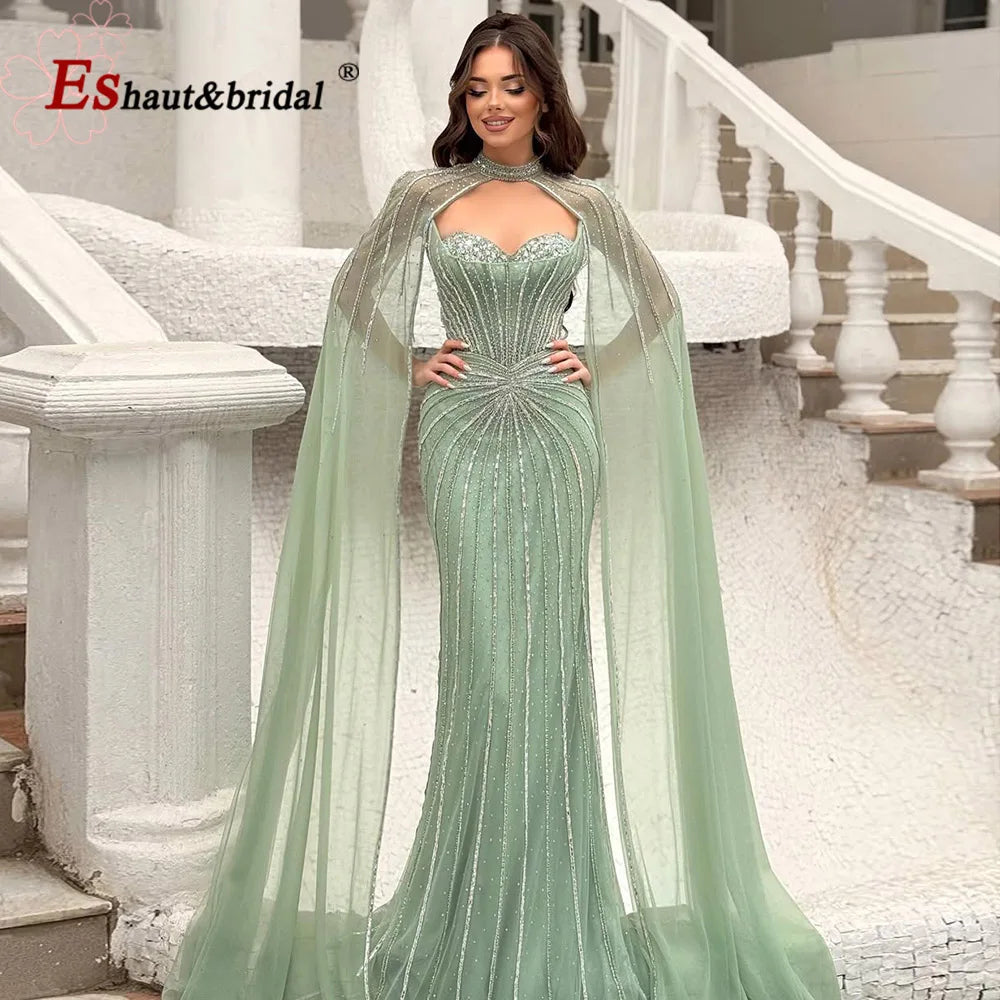 Elegant Mermaid Evening Dress for Women with Cape Sleeves 2026 Dubai Arabia Beads Long Formal Prom Wedding Party Gown Customized
