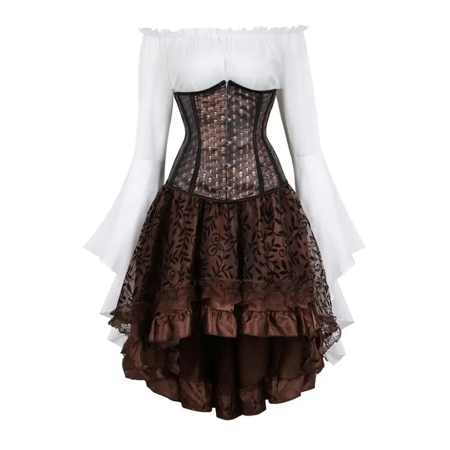 Steampunk Corset Dress Gothic PU Leather Corset Crop Top Renaissance Blouse With Burlesque Skirt Three-Pieces Set Pirate Costume