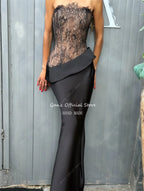 Qanz Modest Mermaid Evening Dress Strapless Lace Robe De Soirée Femme Sleeveless Long Women Vestidos De Gala 2026 Customized