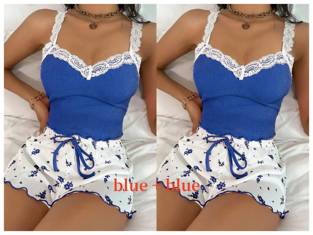Women 2psc Pajama Set Pink Lace Patchwork V-Neck Sleepwear Sexy Nighties Suit Cami Top Printed Shorts Soft Pyjamas Loungewear