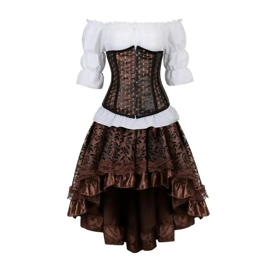 Steampunk Corset Dress Gothic PU Leather Corset Crop Top Renaissance Blouse With Burlesque Skirt Three-Pieces Set Pirate Costume