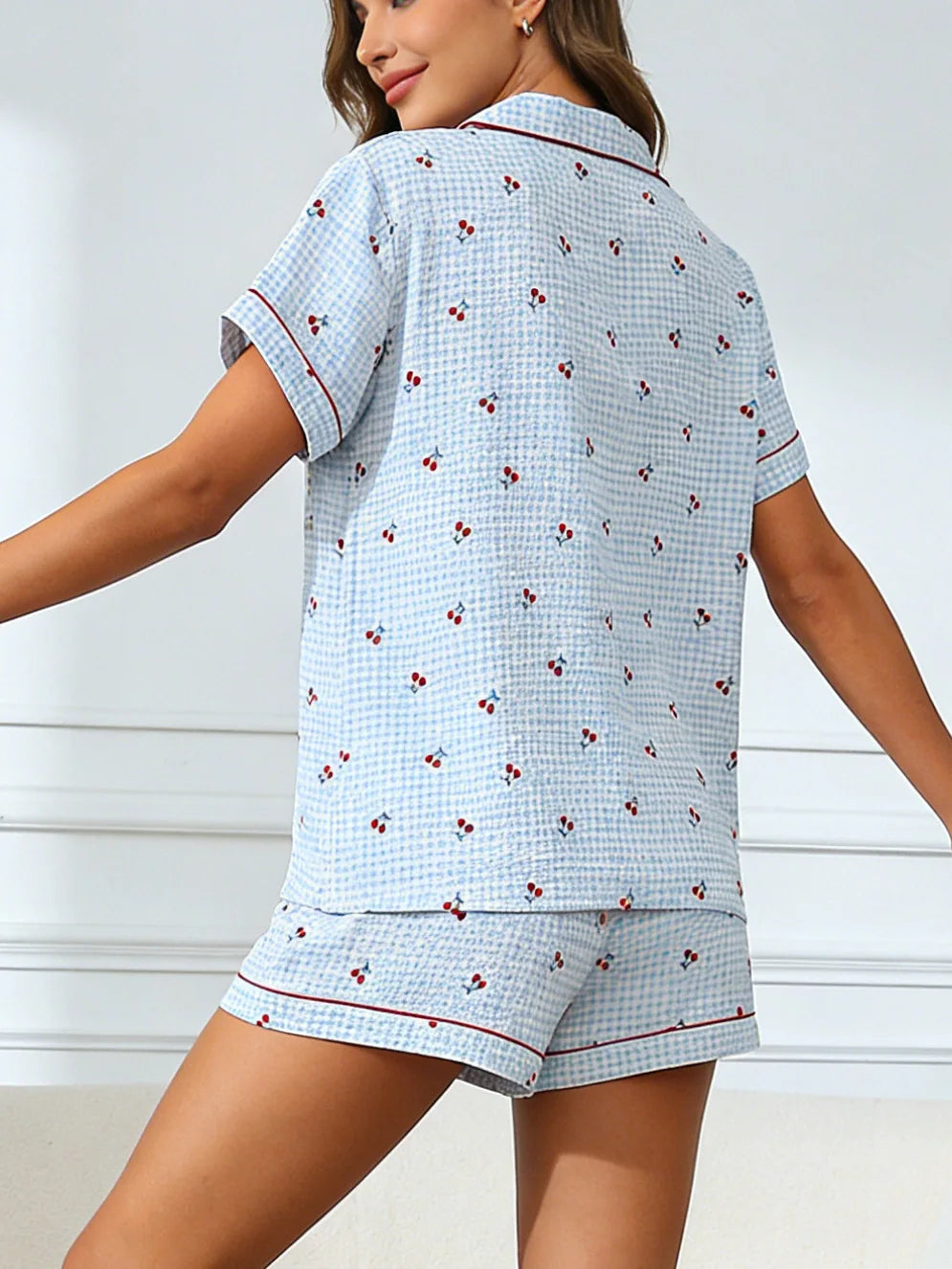 Women Pajamas Cardigan Lapel Short Sleeve Shorts Two Piece Set Loungewear Spring Summer Sweet Blue Plaid Cherry Print Loose Comf
