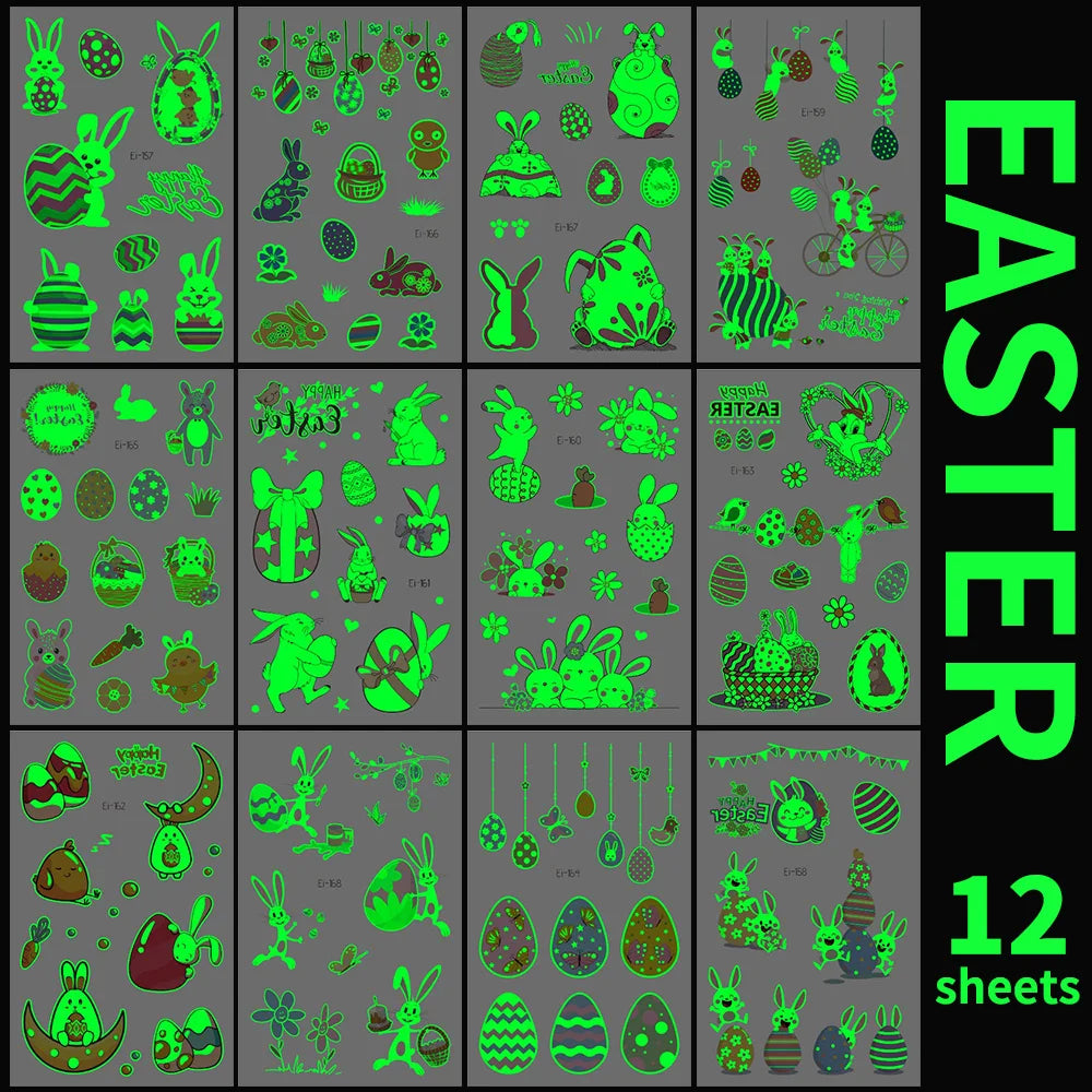 Easter Luminous Temporary Tattoos | Glow in The Dark Rabbit Bunny Eggs Chicks Flowers Waterproof Stickers for Party Gifts