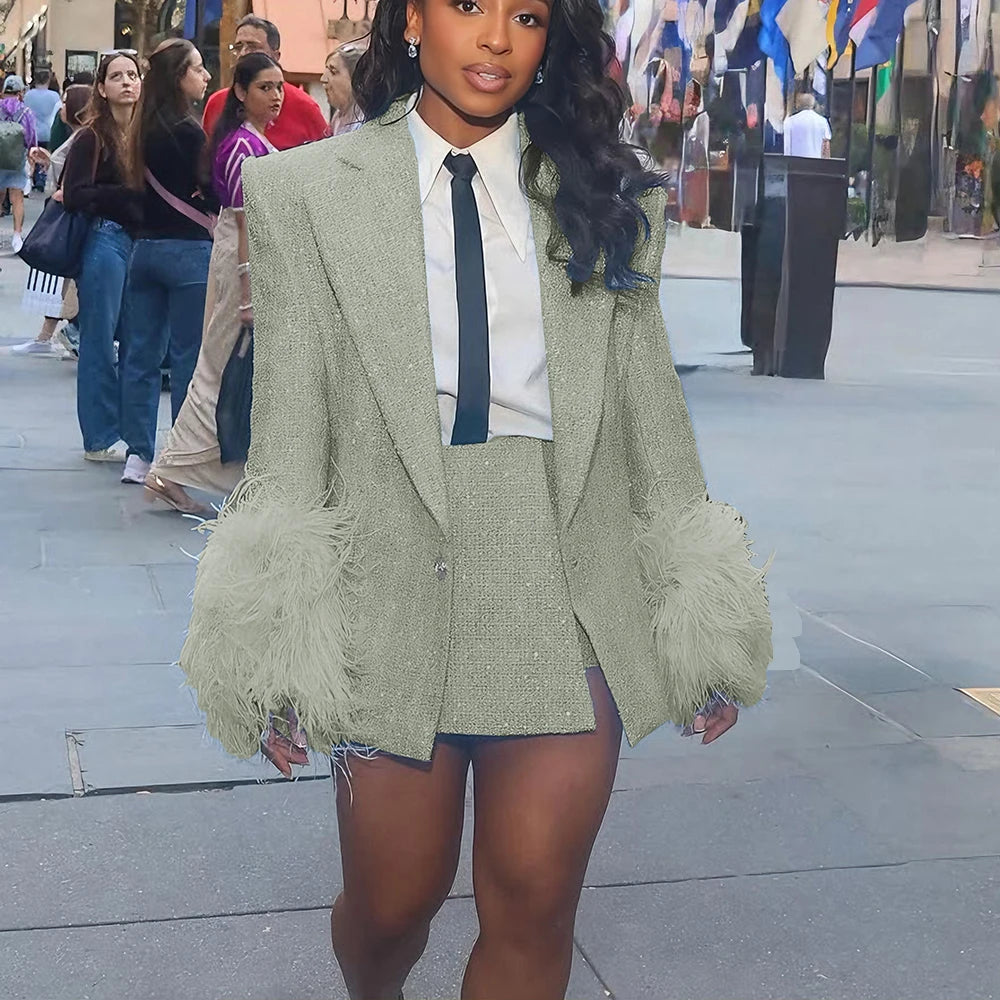Light Blue Tweed Women's Jacket Skirt Sets with Feather Cuffs Single Button Notch Lapel Blazer 2Piece Set for Chic Streetwear