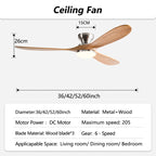42/52/60inch Low Floor Ceiling Fan 3 wooden blade DC Motor Electric fan with Remote control for Living room dining room bedroom