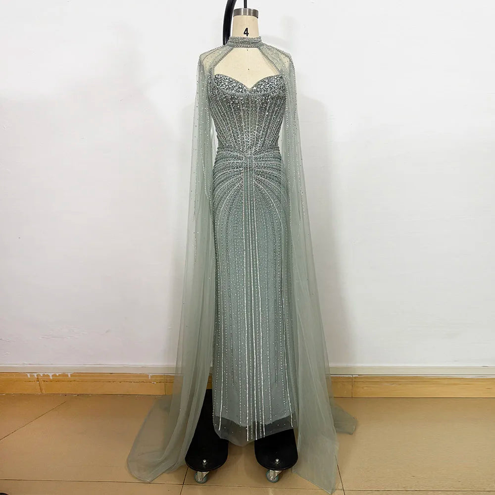Elegant Mermaid Evening Dress for Women with Cape Sleeves 2026 Dubai Arabia Beads Long Formal Prom Wedding Party Gown Customized