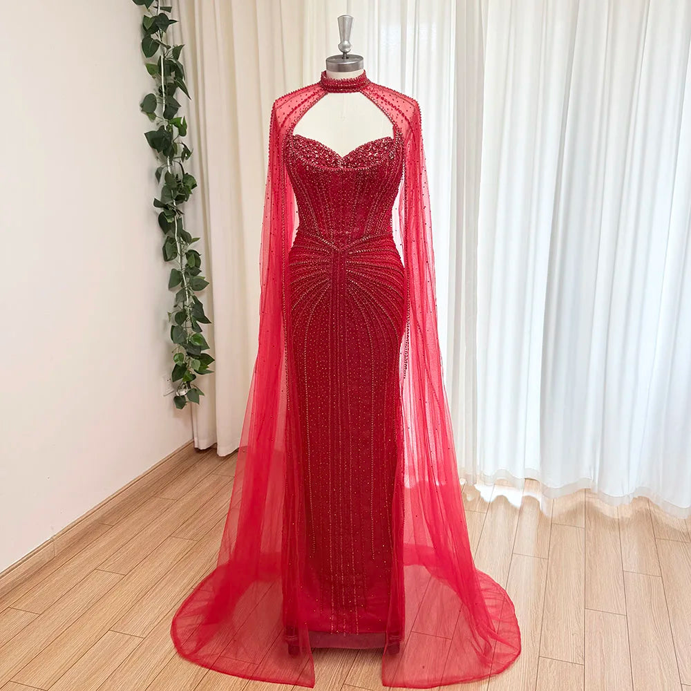 Elegant Mermaid Evening Dress for Women with Cape Sleeves 2026 Dubai Arabia Beads Long Formal Prom Wedding Party Gown Customized