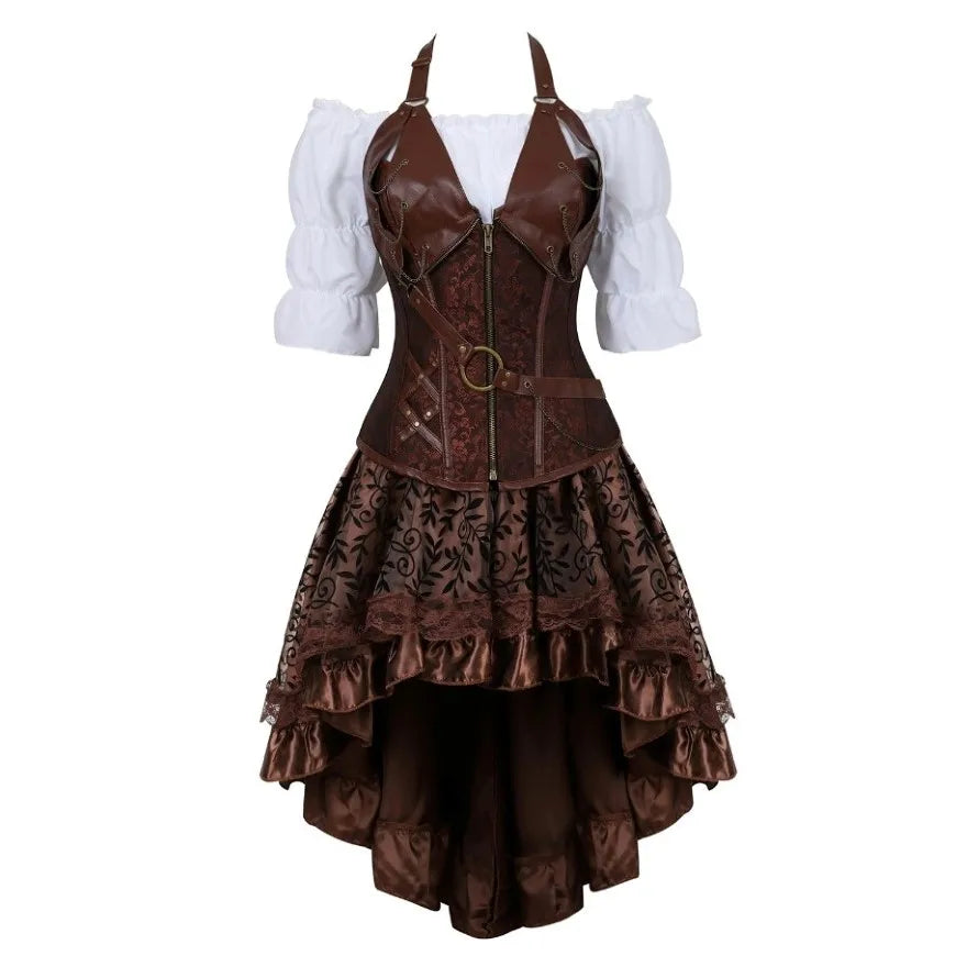 Steampunk Corset Dress Gothic PU Leather Corset Crop Top Renaissance Blouse With Burlesque Skirt Three-Pieces Set Pirate Costume